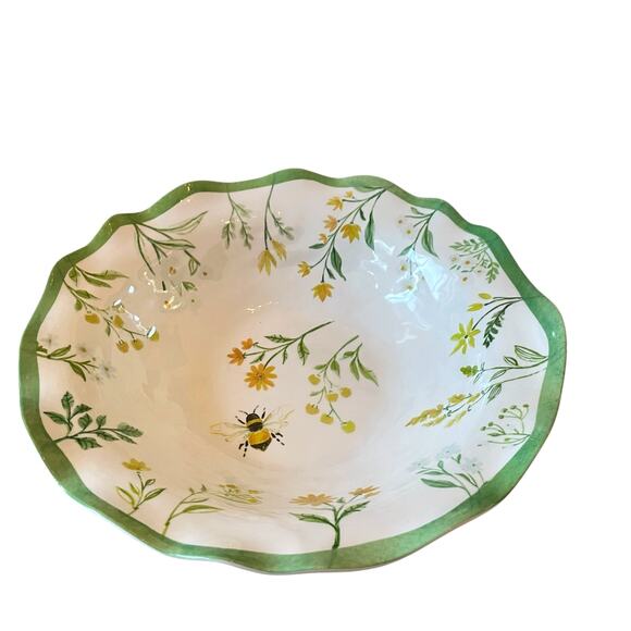 Shabby Chic Green Floral Bumblebee Melamine Serving Bowl 14" Round Scalloped NEW - Picture 7 of 13